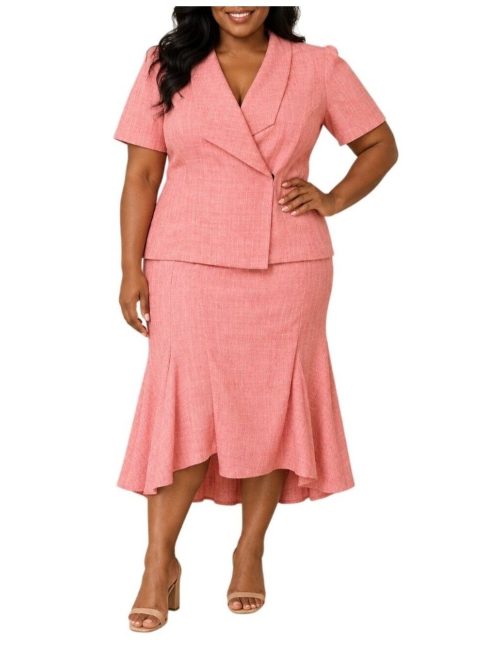Ashley Stewart Size 14W Blazer & Skirt Set Two-Piece Coral Snap Button Elegant